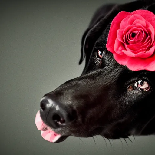 Prompt: black dog with rose in it's mouth, green eyes, studio lighting, cinematic, 4 k, detailed, global illumination, chromatic abberation