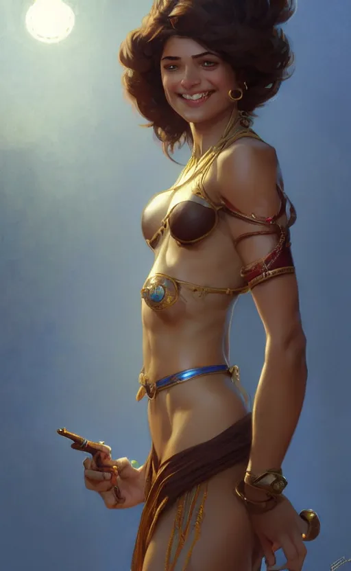 Image similar to genie, female, brown skin, short brown hair, smiling, abs, highly detailed, digital painting, artstation, concept art, sharp focus, illustration, art by greg rutkowski and alphonse mucha