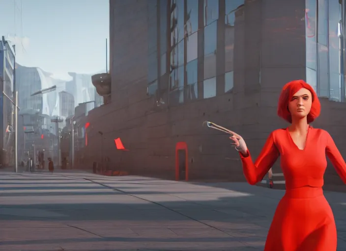 Prompt: glowing young woman carrying a red propaganda flag walking through beautiful futuristic city by Alexander Labas and Tatyana Yablonskaya and Viktor Tsvetkov, Unreal Engine 5, Lumen, Nanite, 85mm