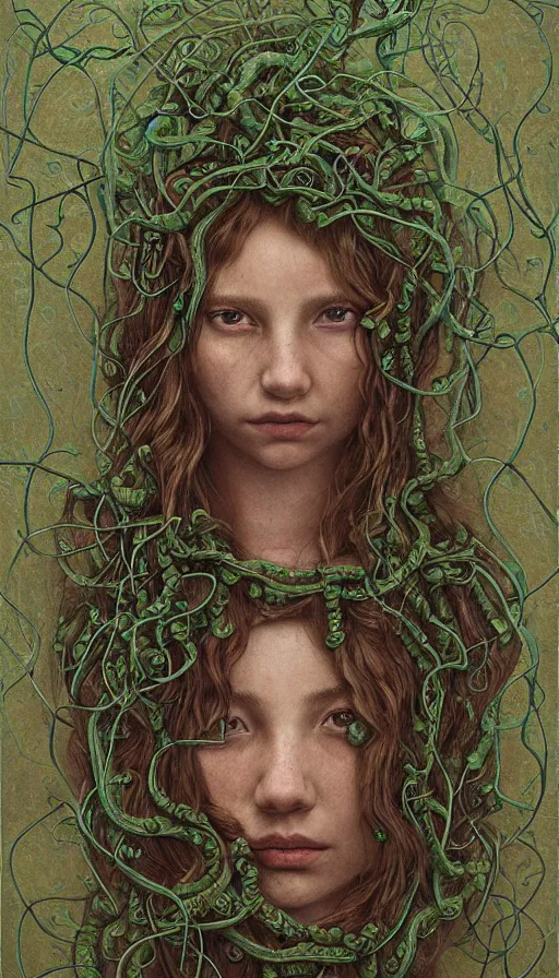 Image similar to very detailed portrait of a 2 0 years old girl surrounded by tentacles, the youg woman visage is blooming from fractal and vines, by dan witz