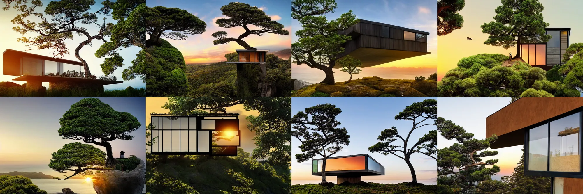Prompt: Modern house made of tree, big windows, bonsai tree, on a cliff, sunrise, minimalistic art, sharp edges