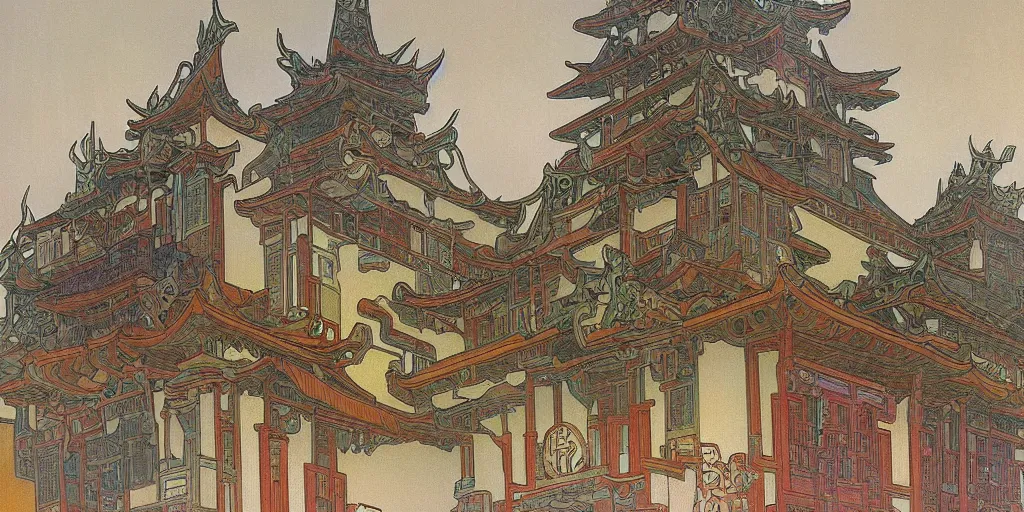 Prompt: a painting of abstract buildings like chinese ancient village houses by alphonse mucha and yves tanguy
