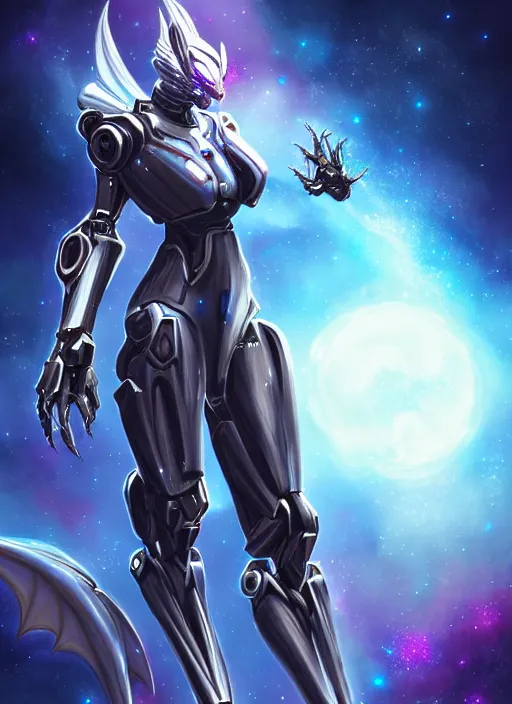 Image similar to cinematic goddess shot, cosmic sized perfectly proportioned stunning beautiful hot anthropomorphic robot mecha female dragon, in space, nebula background, larger than galaxies, holding galaxy, sharp claws, sleek silver armor, epic proportions, epic size, epic scale, digital art, furry art, macro art, dragon art, giantess art, warframe fanart, furaffinity, deviantart