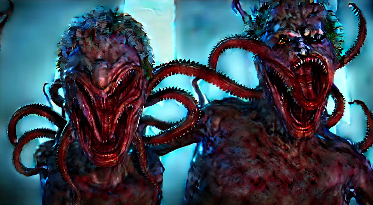 Image similar to gary busey as a monster with tentacles, horror video game, sci fi horror, alien ( 1 9 7 9 ), body horror, unreal engine, octane render, depth of field, cycles render, hd