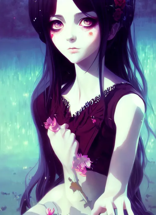 Image similar to portrait of beautiful gothic girl, cute face, intricate, highly detailed, digital painting, official media, anime key visual, concept art, rich vivid colors, ambient lighting, sharp focus, illustration, art by wlop and ilya kuvshinov and makoto shinkai