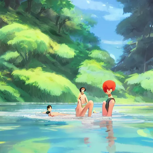 Prompt: summer camp, children playing in water, gorgeous, amazing, highly detailed, digital painting, artstation, concept art, sharp focus, illustration, art by makoto shinkai and thomas kindle and James gilleard