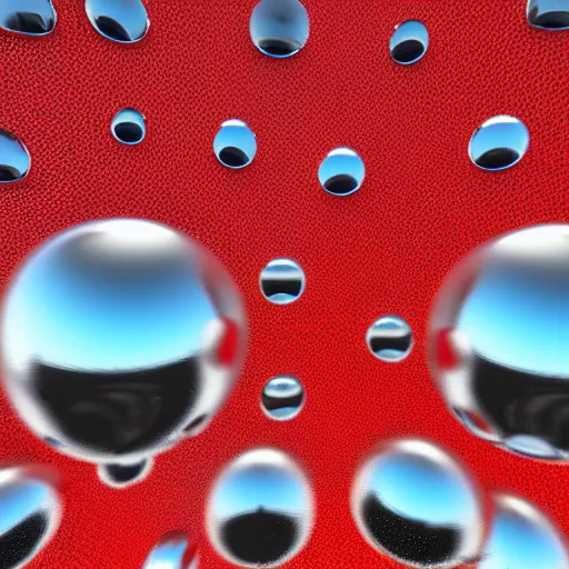 Prompt: chrome spheres on a red cube, tilt shift photograph