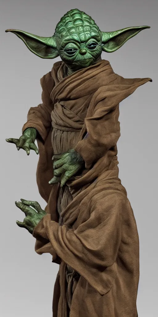 Image similar to detailed photo of an old bronze patina statue of yoda, full body portrait, various pose, photorealism, intricate detail, museum diffuse lighting