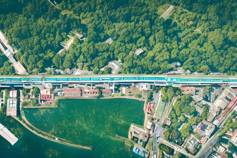 Image similar to bird's eye view photography of a small city. town hall, central farm, monorail station, beach and shipping dock. hills, woods and pond to the north.