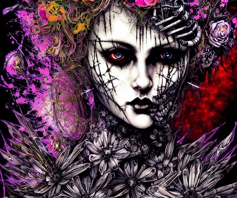 Image similar to gothic mute hybrid cyborg warrior girl of flowers, cybor clothes shaping love!, freedom fighter, eerie, cinematic, epic, 8 k, ultra realistic,. | a psychedelic, illustration by albrecht durer, concept art in style of carne griffiths artwork by xsullo. | backround of beautiful floweres floatingby elson, peter kemp, peter