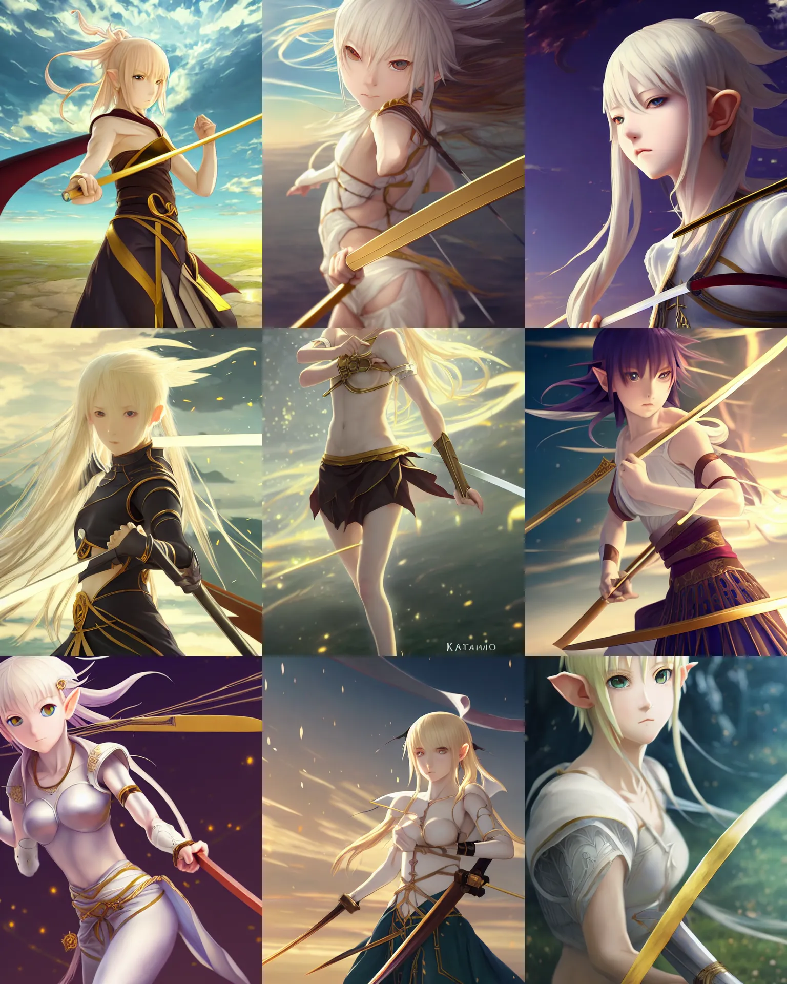 Prompt: renaissance art elf girl with white skin, katana in hand, golden hair blowing the wind, trending artistic art, soft anime, dynamic photography, fate zero, symmetric realistic face, extremely high detailed, bokeh color background, studio ghibly makoto shinkai yuji yamaguchi, wlop