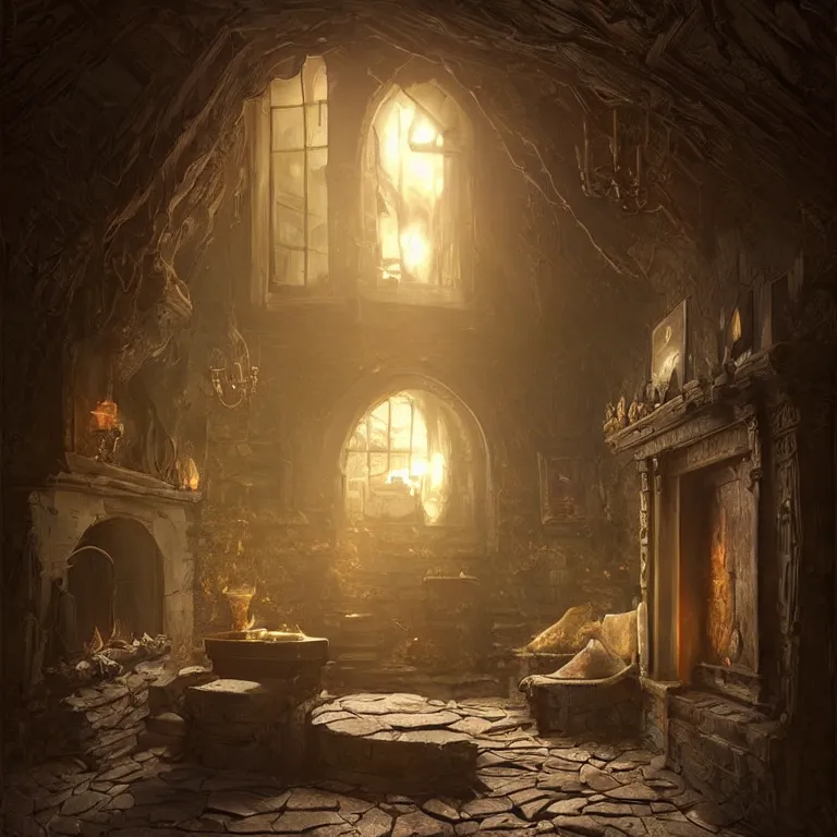 Prompt: a secret passage behind a fireplace in an old victorian mansion, digital painting by greg rutkowski, dutch angle!!!!, highly detailed, hyper detailed, behance, artstation, cgsociety, morning light, sunrise, cinematic, epic fantasy adventure, mystery, light shafts!!, god rays