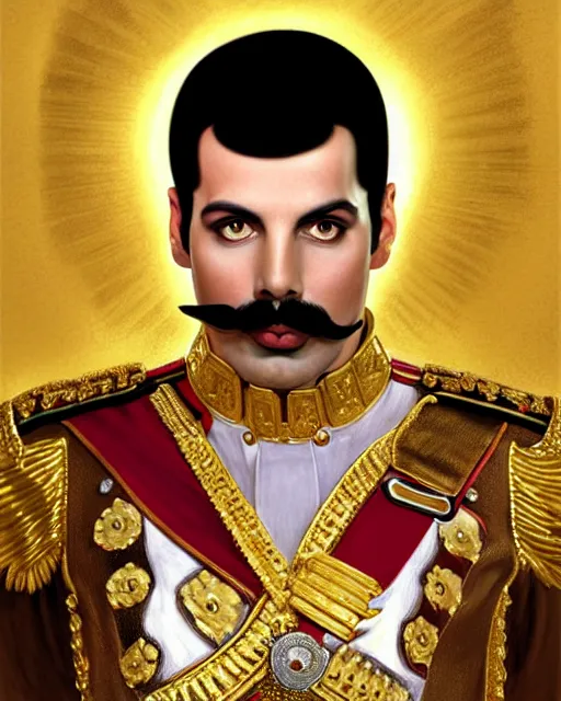 Prompt: symmetry portrait of freddie mercury as a persian prince, with large glossy mustache, glam, noble drawing room background, intricate, elegant, highly detailed, digital painting, artstation, concept art, smooth, sharp focus, illustration, art by artgerm and greg rutkowski and fra angelico and alphons mucha