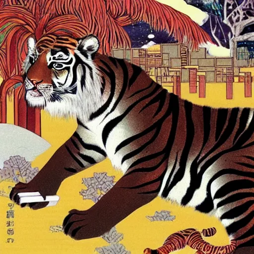 Image similar to a delorean protecting a tiger, japanese magazine collage, art by hsiao - ron cheng and utagawa kunisada