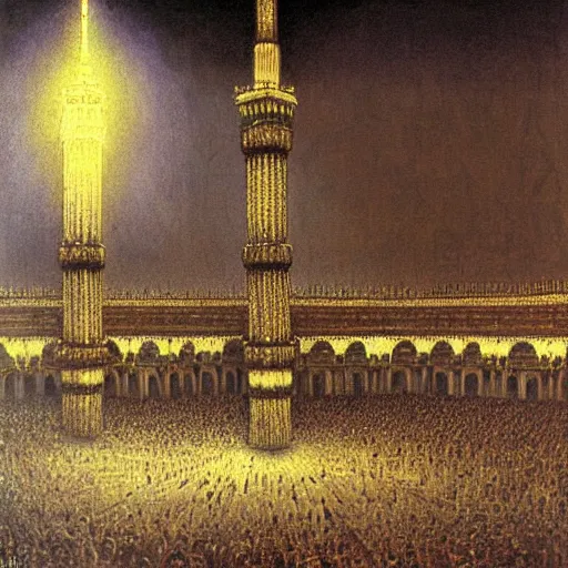 Image similar to painting of the kaaba on hajj day, highly detailed, volumetric lighting, god rays, by gustave dore and john collier