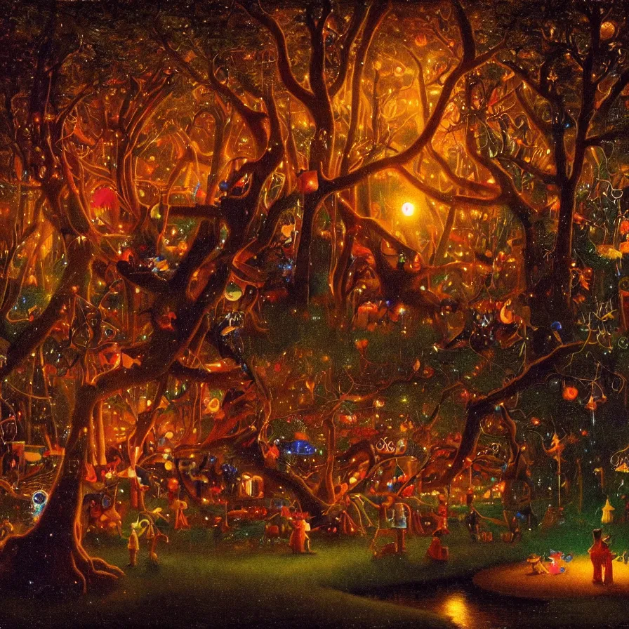 Prompt: closeup of a night carnival inside a magical tree cavity, with a surreal orange moonlight and fireworks, next to a lake with iridiscent water, christmas lights, folklore animals and people disguised as fantastic creatures in a magical forest by summer night, masterpiece painted by harry watrous, scene by night, dark night environment, refraction lights, glares
