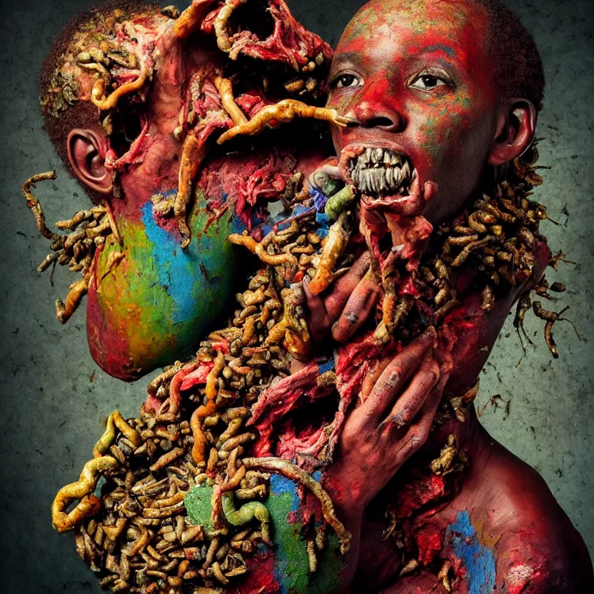 Image similar to a very colorful and beautiful ( flesh - eating ) tsikalawa, eating the leg of a terrified man, standing on top of a mountain of maggots, schizophrenic hallucination, by alexandro judorowski and basia tran, fear, morbid, nightmare, supernatural, 8 k, digital art, highly detailed, chiaroscuro, creepy, terrifying