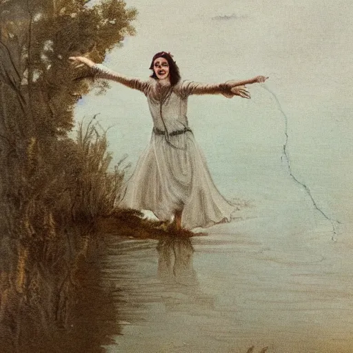 Prompt: a somnolent skipping stones pond this close-up of a darling bud of may, the disfigured priestess giving you a dastardly grin as she speeds. her eagle wring-headed rung of the ladded ladder aladdin's ladder