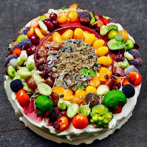 Prompt: photo of a cake with vegetables toppings