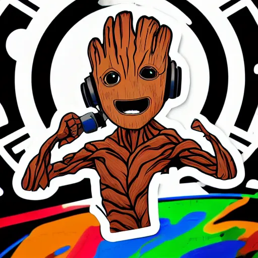 Image similar to svg sticker of a Pop-Wonder Groot-Marvel-Avenger at a rave, spinning records, giant headphones rocking out, wearing headphones, huge speakers, dancing, rave, DJ, spinning records, digital art, amazing composition, rule-of-thirds, award-winning, trending on artstation, featured on deviantart