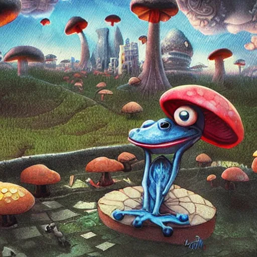 Image similar to A close up portrait of a scary godlike anthropomorphic frog smoking an anime cigarette , magic mushroom village in background . award winning. superb resolution. in the art style of junji Ito and greg rutkowski . Detailed Mushroom city in background. Hyper realistic anime. Perfect art. Dalle2