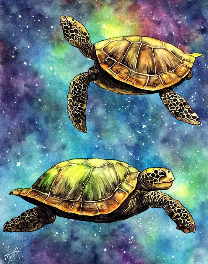 Prompt: turtle goes on a magical journey into a extraterrestrial light prism shadow rhelm, watercolor, ambient lighting, perfect contrast, ultra detailed, trending on art station