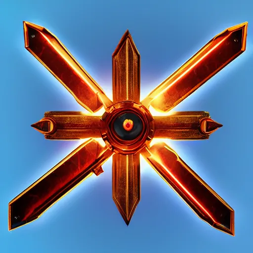 Image similar to game - icon of sword and battleaxe crossed on a prism, red powerful fantasy epic legends, game icon stylized, digital illustration radiating, a glowing aura, global illumination, ray tracing, 8 k high definition, intricate details, octane render, unreal engine, trending on arstation