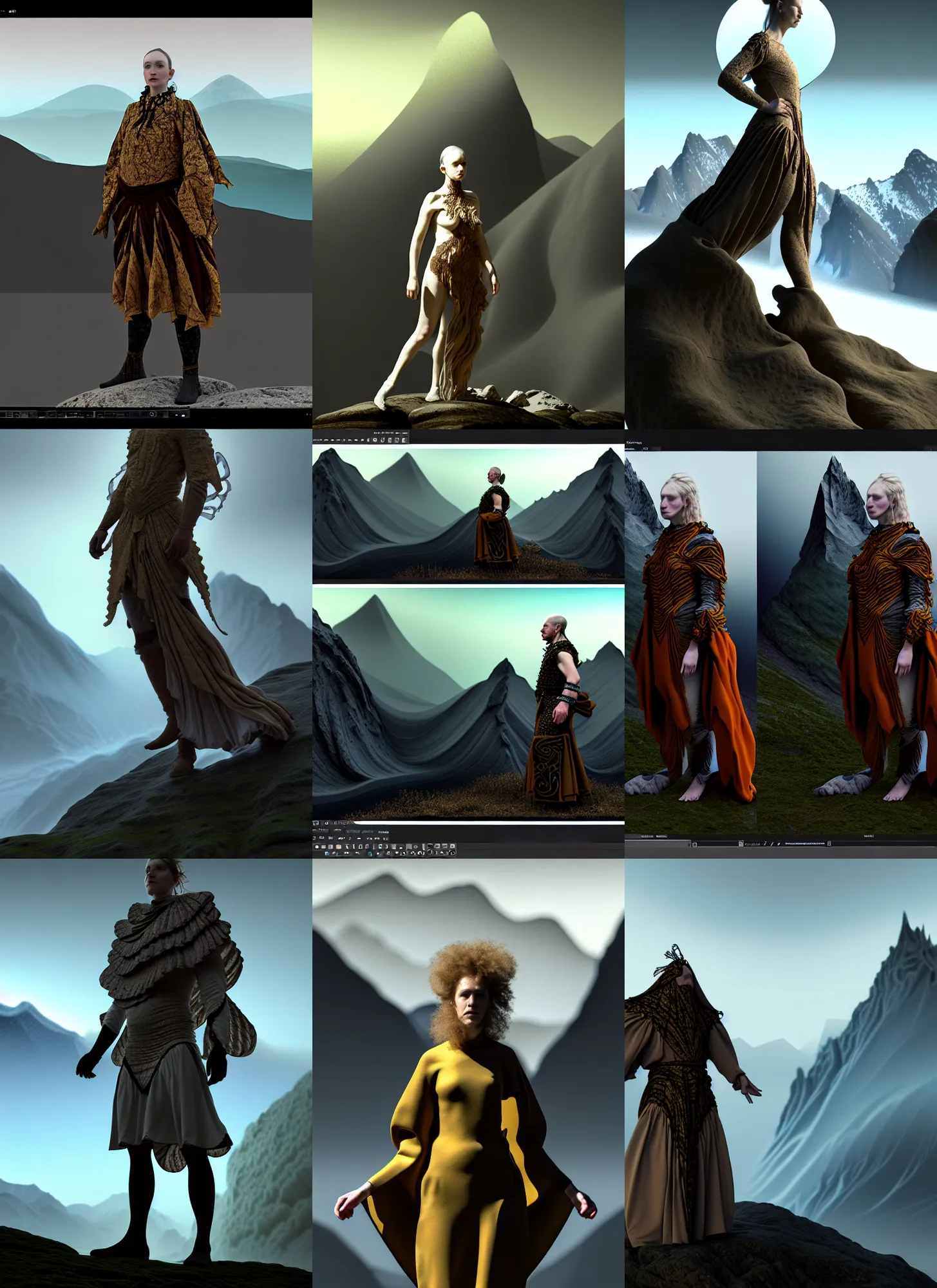 Prompt: dissolution filter ,turbulence filter, fractal, costume design made by nordic tribes, sophisticated composition, old masters light composition, procedurally generated, drama human character posing for concept art, beautiful mountains behind, substance designer, PBR, HD, Ultra detailed, hyperrealistic, megascans, volumetric light, concept by master artist, made in paint tool SAI2, trending pixiv aesthetic face