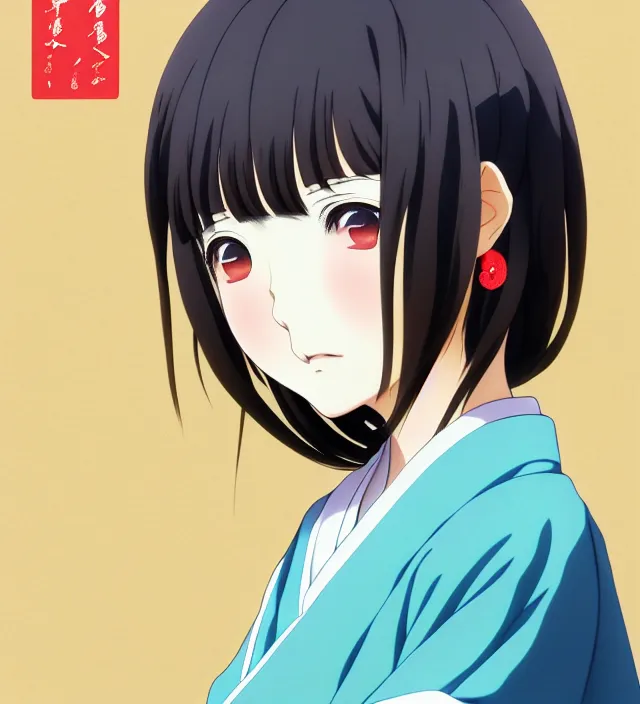 Image similar to anime visual, portrait of a japanese woman in traditional clothes outside a temple, cute face by ilya kuvshinov, yoshinari yoh, makoto shinkai, katsura masakazu, dynamic perspective pose, detailed facial features, kyoani, rounded eyes, crisp and sharp, cel shad, anime poster, ambient light