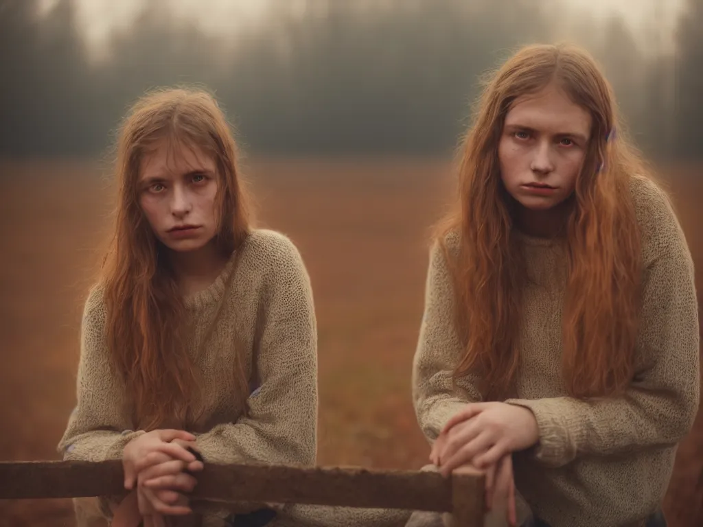 Prompt: medium shot portrait bust of young woman sitting on fence, tired expression, faded color film, russian cinema, tarkovsky, technicolor, heavy forest, wood cabin in distance, shallow depth of field, long brown hair, old clothing, heavy fog, brown color palette, sunset, low light, hudson river school, 4 k, dramatic lighting