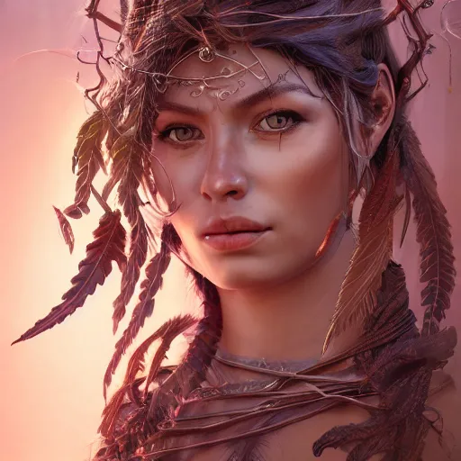 Image similar to portrait of a amazonian warrior tree bark skin archer expression of curiosity, beautiful, focused, elegant, art nouveau, dnd, sinuous, fantasy, mystical, magical aesthetics, illustration, photorealistic, soft lighting, unreal engine, matte painting, 4 k,