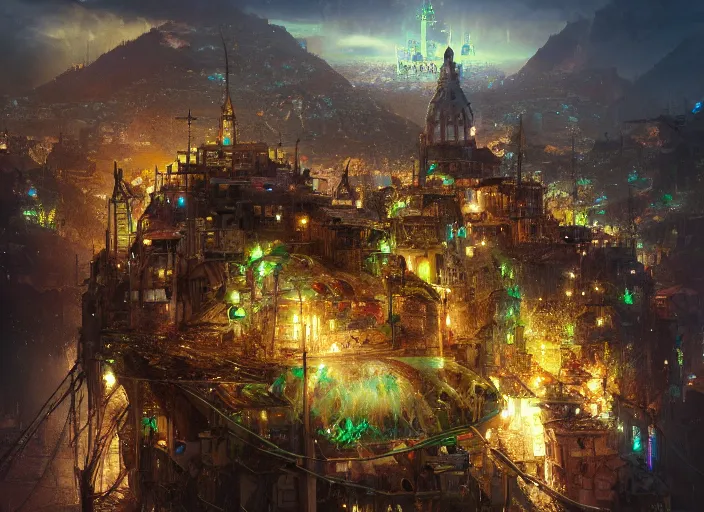 Image similar to favela fantasy cathedral, sci - fi environment, sorcery, scenery, professional, award - winning, trending on artstation, hyper detailed, realistic, beautiful, emotional, shiny, colorful, picture