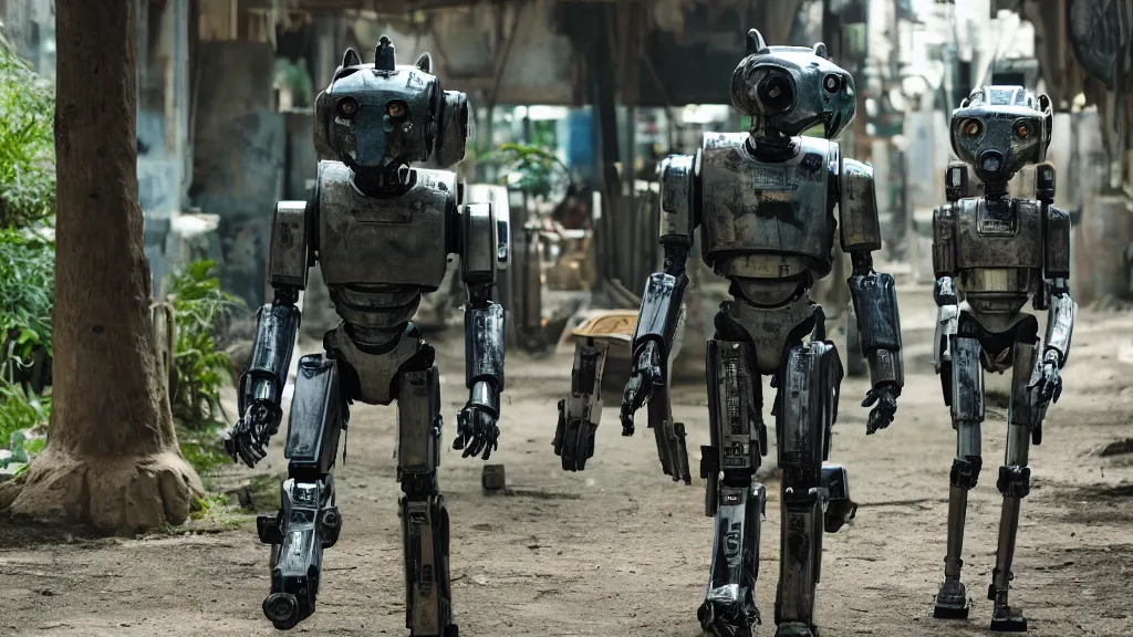 Prompt: film still from the movie chappie of the robot chappie outdoor scene furry anthro anthropomorphic stylized wolf dog canine ears head android service droid robot machine fursona