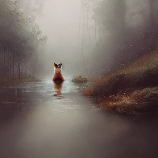 Prompt: a fox swimming in a river the background is a huge lake the fox is scared and swimming for his life the weather is raining and foggy by greg rutkowski