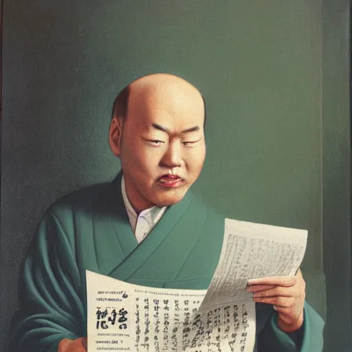 Prompt: painting of a japanese balding man with gray hair, holding a newspaper and looking up at his room with green hue