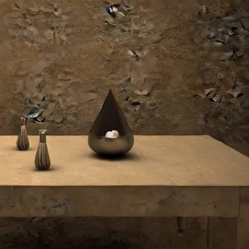 Prompt: alchemy table natural environment, dark 3 d render, reflective