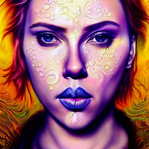 Image similar to An extremely psychedelic portrait of Scarlett Johansson, surreal, LSD, face, detailed, intricate, elegant, lithe, highly detailed, digital painting, artstation, concept art, smooth, sharp focus, illustration