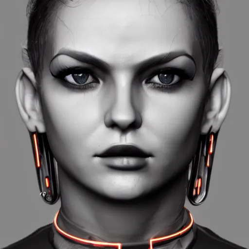 Image similar to detailed realistic female character cyberpunk wearing steel collar around neck, realistic, art, beautiful, 4K, collar, choker, collar around neck, punk, artstation, detailed, female, woman, choker, cyberpunk, punk, collar, choker, collar around neck,