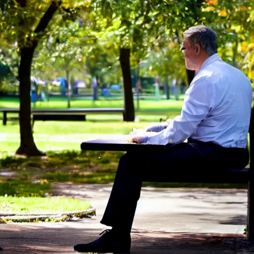 Image similar to A businessman is sitting on a bench eating lunch in a park. Behind him is a tall ladder looming over him, shadows, realistic, 4k