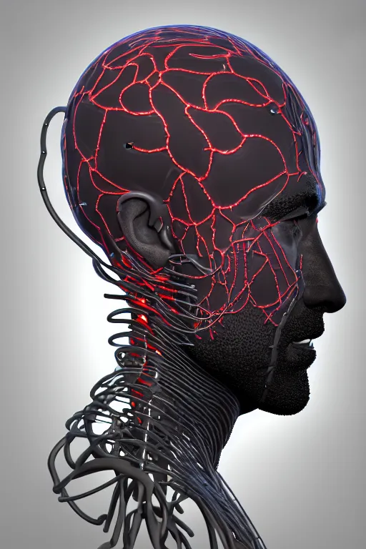 Image similar to 3D render of a rugged profile face portrait of a male cyborg, 150 mm, capacitors, Mandelbrot fractal, anatomical, flesh, facial muscles, neon wires, microchip, veins, arteries, full frame, microscopic, elegant, highly detailed, flesh ornate, elegant, high fashion, rim light, octane render in the style of H.R. Giger and Bouguereau