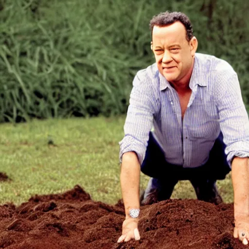 Image similar to Tom Hanks on all fours eating a pile of dirt