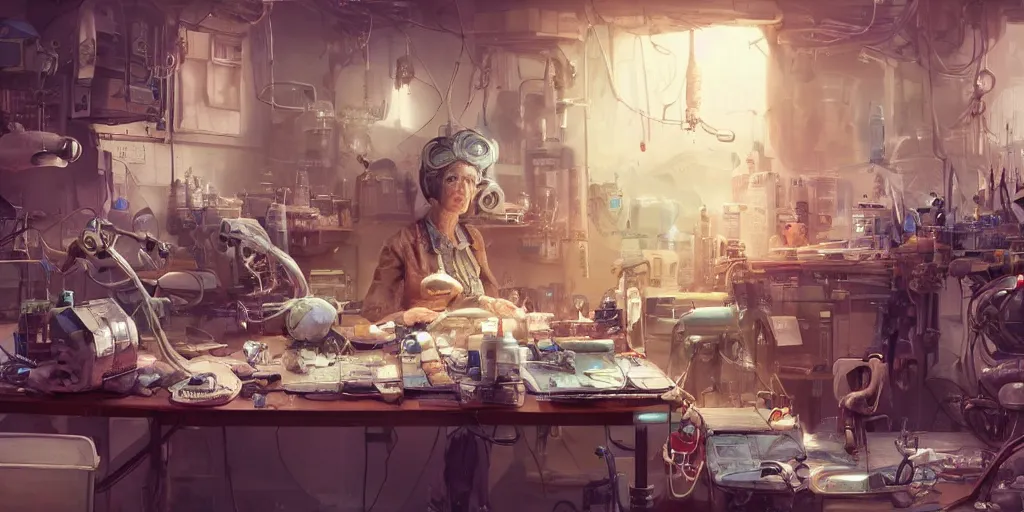 Prompt: an environmental concept art of an elderly woman cyberneticist in a cluttered workshop, surgical implements, surgery table, robotic arm, highly detailed, cinematic, dramatic, cyberpunk, dieselpunk, scifi space station, horror, bladerunner 2 0 4 9