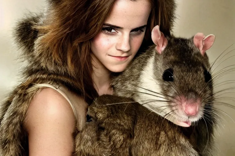 Prompt: 9 8, photo, emma watson as anthropomorphic furry - rat, 3 7 4 9 1, she is a real huge fat rat with rat body, cats! are around, eating cheese, highly detailed, intricate details