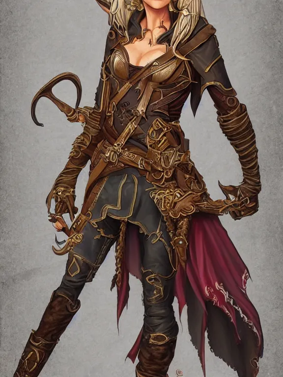 Image similar to full body portrait of a female elven pirate, character design, correct anatomy, concept art, digital illustration, ray tracing, ultra detailed, fantasy, intricate and highly detailed, coloured with lots of colour, pose, fantasy, sharp focus,