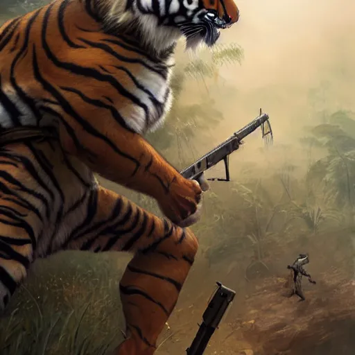 Image similar to a award winning commission of a fit anthro soldier tiger shooting,digitalt art,hyperdetailed,photorealistic,art by greg rutkowski,character design by charles bowater,ross tran,deviantart,artstation,high detailed,cinematic,movie scene,detailed face