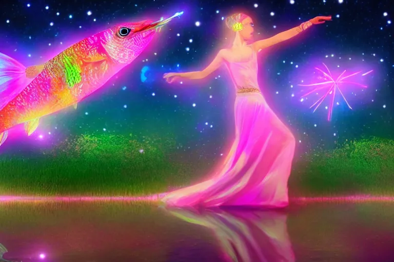 Prompt: ethereal glowing goddess dancing on a pond surrounded by colorful glowing flying fish at night cinematic