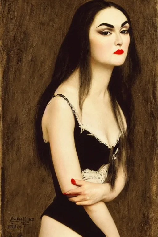 Image similar to upper body portrait sasha grey as morticia addams by alfred stevens