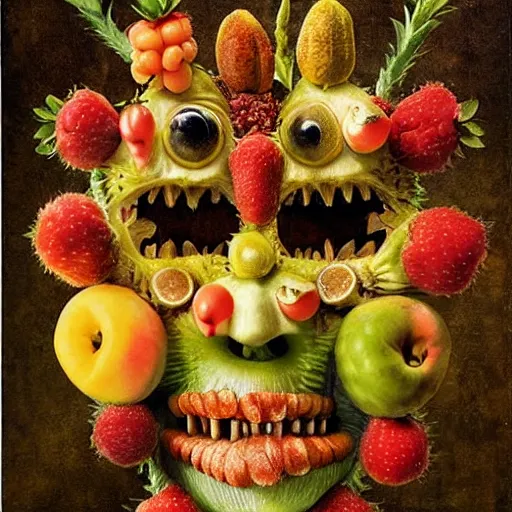 Image similar to giuseppe arcimboldo, fruit monster, new scifi movie