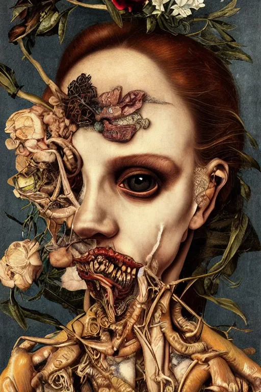 Prompt: Detailed maximalist portrait with large lips and eyes, expressive, botanical skeletal with extra flesh, HD mixed media, 3D collage, highly detailed and intricate, surreal illustration in the style of Caravaggio, dark art, baroque