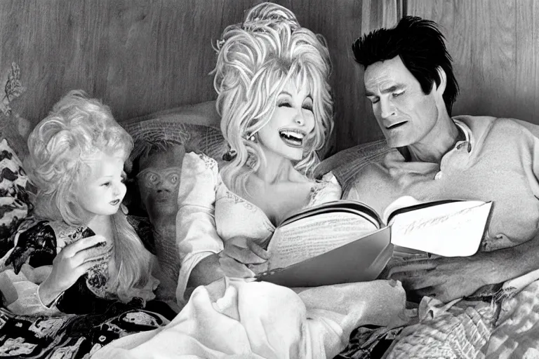 Prompt: portrait of dolly parton reading a bedtime story to jim carrey in bed,